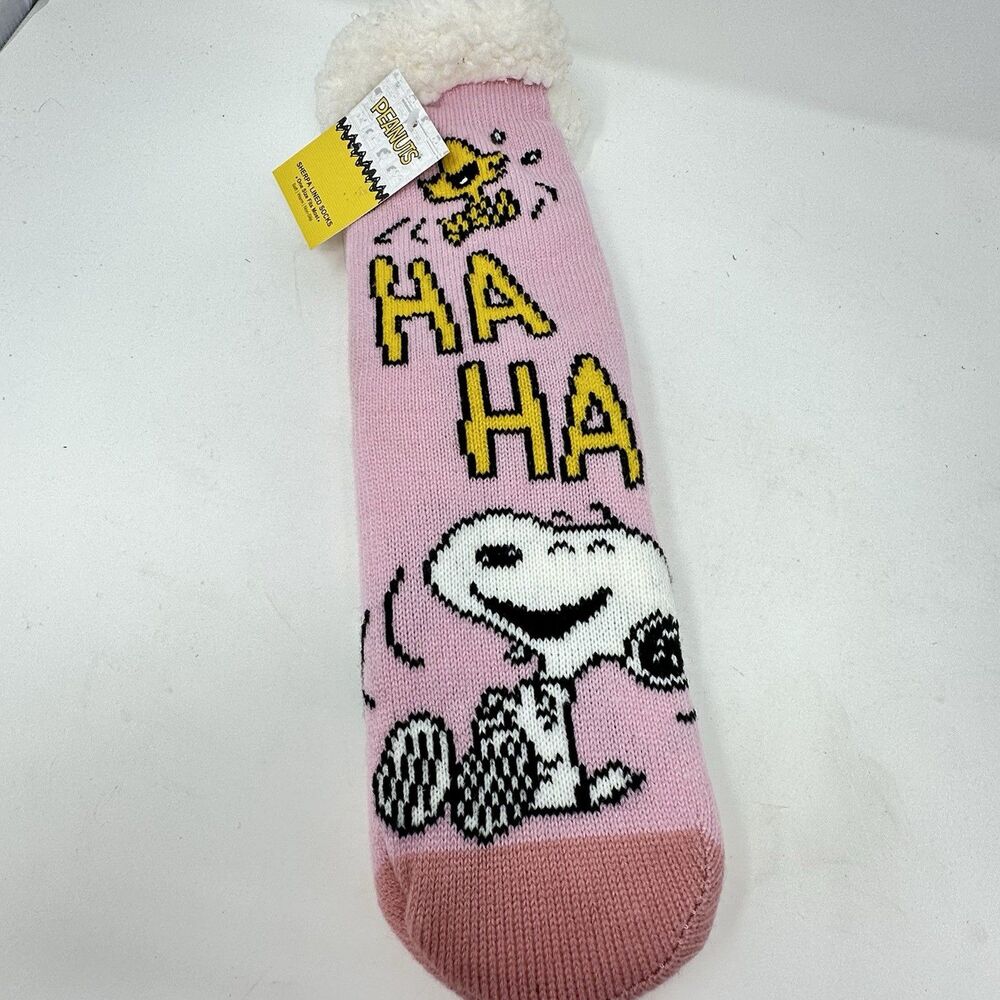 NWT Peanuts Snoopy & Woodstock Pink Sherpa Lined Slipper Socks Non-Slip OSFM